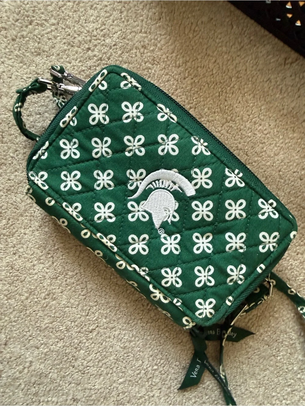Vera Bradley Michigan State Green Quilted Wristlet with White Embroidered Motif